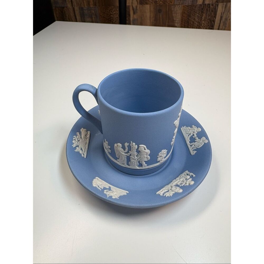 Wedgwood Jasperware Blue Cup Saucer Set Made In England Relief Design
